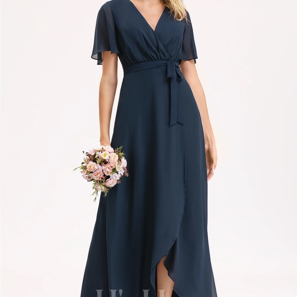 A-line V-Neck Asymmetrical Chiffon Bridesmaid Dress With Bow Pleated #190703